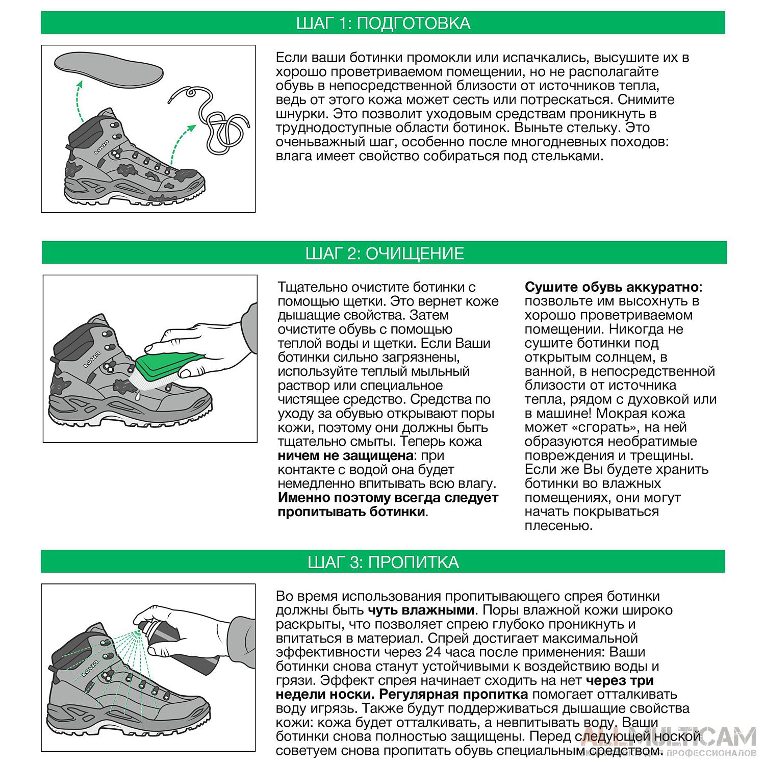 Инструкция по уходу за обувью Lowa Шаг 1,2,3-3