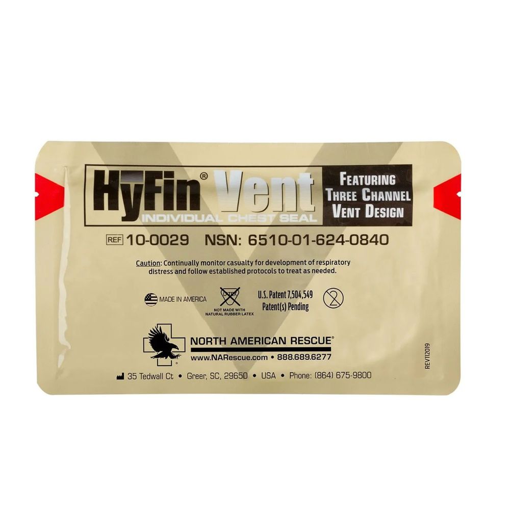 Клейкий пластырь с 3-мя каналами для сброса давления (6х6 дюймов) HyFin Vent Chest Seal North American Rescue